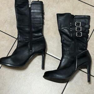 Harley Davidson Women’s Black Leather Heeled Moto Boots Triple Buckle Zip Sz 7.5